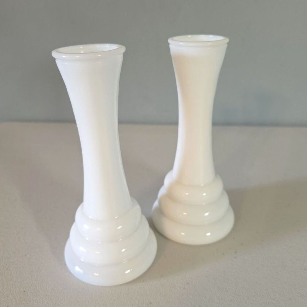 Vintage Mid-Century Randall White Milk Glass Beehive Vases Collection Set of 2